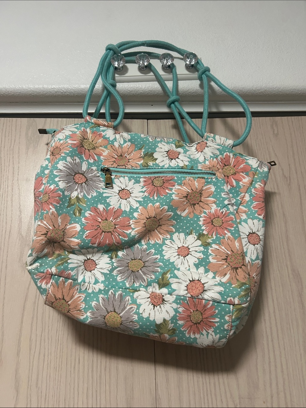 Floral Drawstring Tote Bag in Teal and Peach